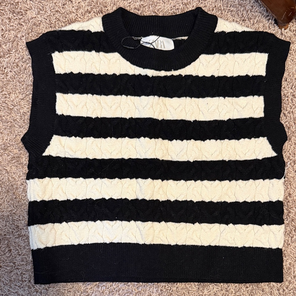 Kids Zara Black and White Striped Sleeveless Sweater